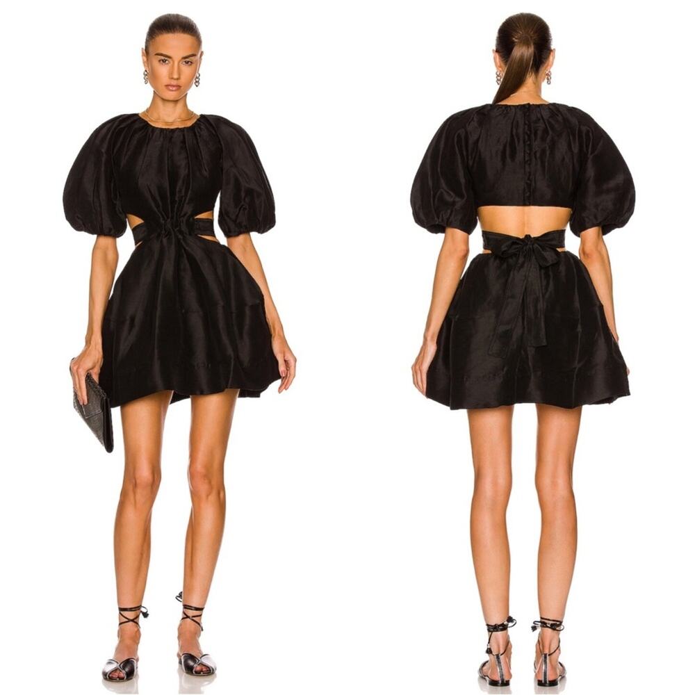 AJE Mimosa Puff Sleeve Cutout Black Onyx Mini Dress Size 6